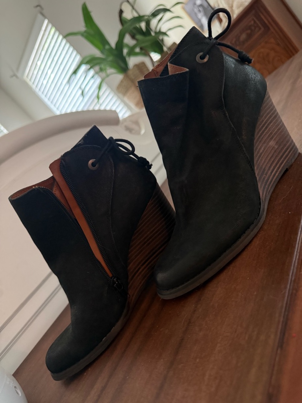 Lucky Brand Black Suede Lace-Up Wedge Ankle Boots